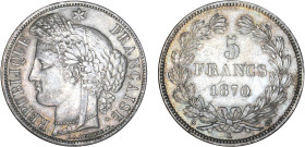 5 FRANCS
5 FRANCS type Cérès, sans légende
1870 K - TTB 45 (TTB++)
Ancre


G 742, F 332, KM# 818
BORDEAUX - ARGENT - 
 -----------------------...