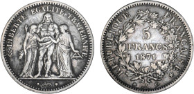 5 FRANCS
5 FRANCS type Hercule (Défense Nationale)
1871 A - TTB 35 (TTB)
Rare !


G 745, F 334, KM# 820
PARIS - ARGENT - 
 -------------------...