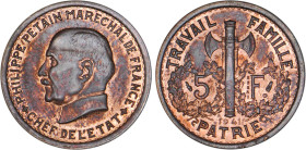 5 FRANCS
5 FRANCS Pétain, 1er projet de Bazor
1941 - SPL 62 (SUP++)
ESSAI Cu., tr. lisse - Très Rare !!


G 762, M 2659, VG 5573
 - CUIVRE - 5,...