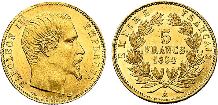 5 FRANCS OR
5 FRANCS or, Napoléon III tête nue, petit module, tranche cannelée...