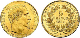 5 FRANCS OR
5 FRANCS or, Napoléon III tête nue, petit module, tranche cannelée
1854 A - SUP 58 (SUP)



G 1000, F 500A, KM# 783, Fr# 578
PARIS ...
