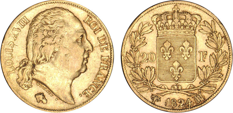 20 FRANCS OR
20 FRANCS or, Louis XVIII buste nu
1824 MA - TTB 40 (TTB+)
Raris...