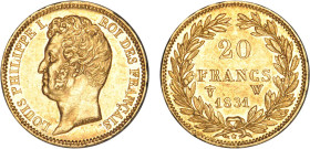 20 FRANCS OR
20 FRANCS or, Louis-Philippe tête nue, tranche en creux
1831 W - SUP 55 (SUP)
Rare ! - légèrement nettoyé


G 1030, F 524, KM# 739,...