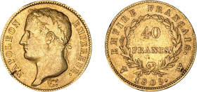 40 FRANCS OR
40 FRANCS or, Napoléon Ier au revers Empire Français
1809 W - TTB 35 (TTB)
Rare ! - légère paille


G 1084, F 541, KM# 696, Fr# 505...