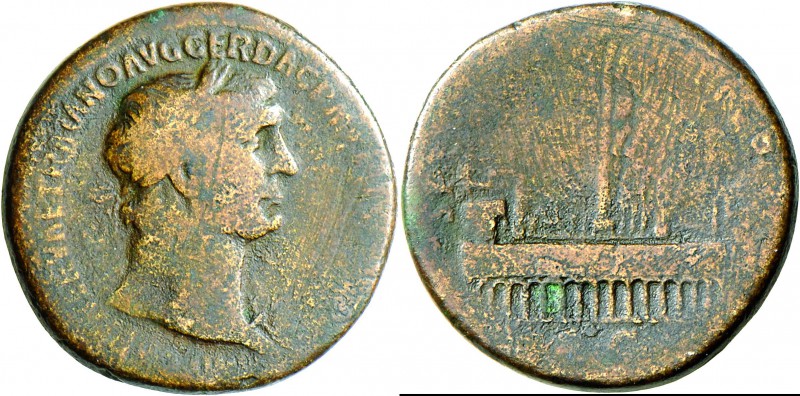 Traian (98 - 117): Bronzesesterz 103/104, Rom, Kopf nach rechts mit Lorbeerkranz...