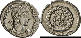 Constantius II. (324 - 337 - 361): AR Siliqua, 2,07g, Mzst. Arelate (353-355 n.). D N CONSTAN TIVS PF AVG, Büste mit Diadem r. | VOTIS XXX MVLTIS XXXX...