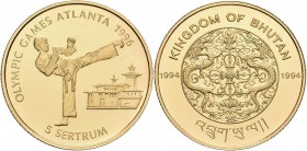 Bhutan: 5 Sertrum 1994, Olympische Spiele Atlanta 1996, Tae Kwon Do. KM# 82, Friedberg 15. 7,78 g, 583/1000 Gold. Auflage max. 3.000 Stück. Polierte P...