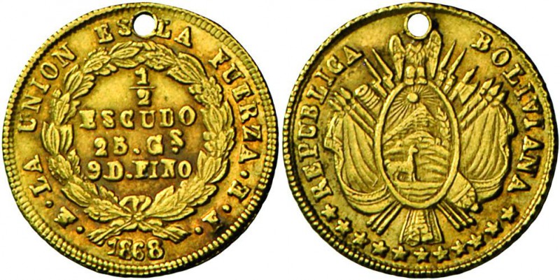 Bolivien: Republik: 1/2 Escudo 1868 FE, 1,16 g, Friedberg 39, KM#140, Gold, gelo...