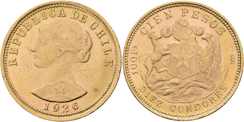 Chile: 100 Pesos / 10 Condores 1926, KM# 170, Friedberg 54. 20,33 g, 900/1000 Go...