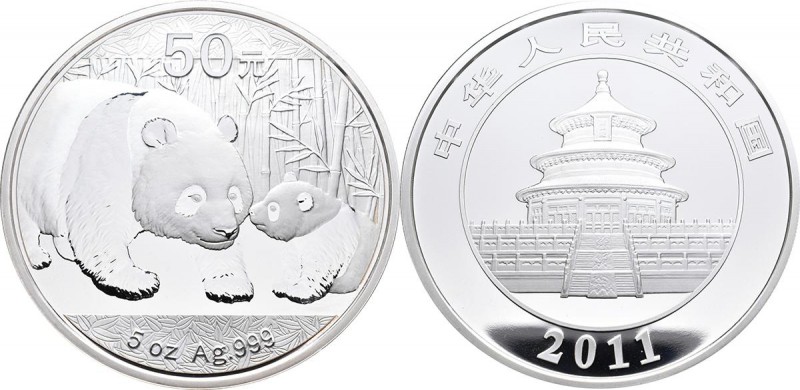China - Volksrepublik: 50 Yuan 2011, Silber Panda, 5 OZ (155,55g) 999/1000 Silbe...