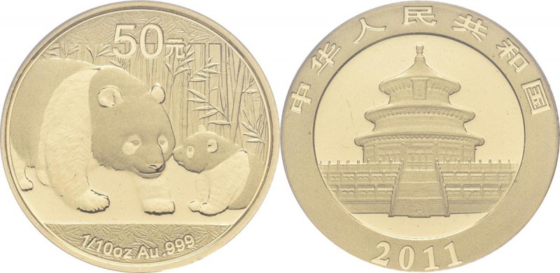 China - Volksrepublik: Lot 3 Goldmünzen: 3 x 50 Yuan 2011 Panda, je 1/10 OZ 999/...