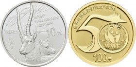 China - Volksrepublik: Set 2 Münzen 2011 50. Jahre WWF (World Wide Fund for Nature): 10 Yuan 1 OZ Silber + 100 Yuan 1/4 OZ (7,776 g 999/1000) Gold. Be...