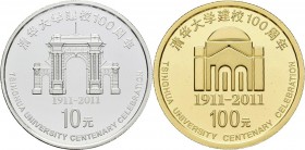 China - Volksrepublik: Set 2 Münzen 2011 100. Jahre Universität Tsinghua: 10 Yuan 1 OZ Silber + 100 Yuan 1/4 OZ (7,776 g 999/1000) Gold. Beide Münzen ...