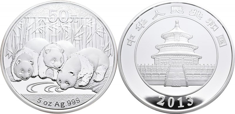 China - Volksrepublik: 50 Yuan 2013, Silber Panda, 5 OZ 999/1000 Silber. In orig...
