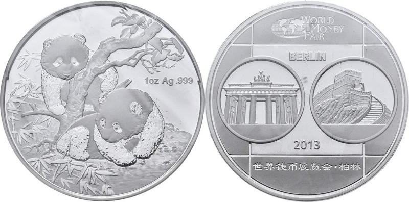 China - Volksrepublik: Medaille 1 OZ Silber Panda 2013 (Show-Panda) anlässlich d...