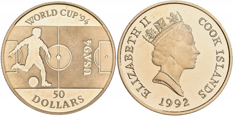Cook Inseln: Elizabeth II. 1953-,: 50 Dollars 1992, Fußball WM 1994 USA, Fußball...