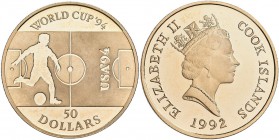 Cook Inseln: Elizabeth II. 1953-,: 50 Dollars 1992, Fußball WM 1994 USA, Fußballfeld. KM# 822, Friedberg 42a. 7,82 g, 583/1000 Gold. Auflage 2.500 Stü...