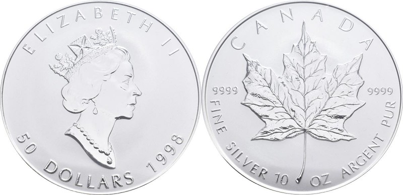 Kanada: Elizabeth II. 1952-,: 50 Dollars 1998, 10 Jahre Maple Leaf, 10 OZ Feinsi...