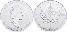 Kanada: Elizabeth II. 1952-,: 50 Dollars 1998, 10 Jahre Maple Leaf, 10 OZ Feinsilber mit Silberplakette, im Etui. KM# 326. Sehr geringe Auflage nur 25...