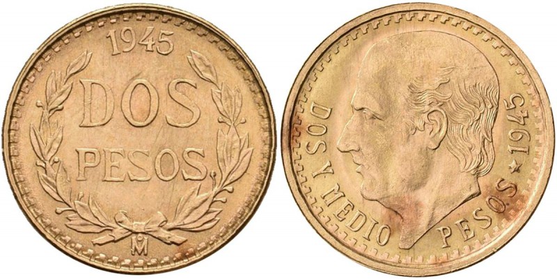 Mexiko: Lot 3 Goldmünzen: 2 Pesos 1945, Friedberg 170R, 1,65 g 900/1000 Gold + 2...