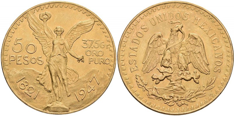 Mexiko: 50 Pesos 1947, KM# 481, Friedberg 172 R, 41,62 g, 900/1000 Gold. Kleine ...