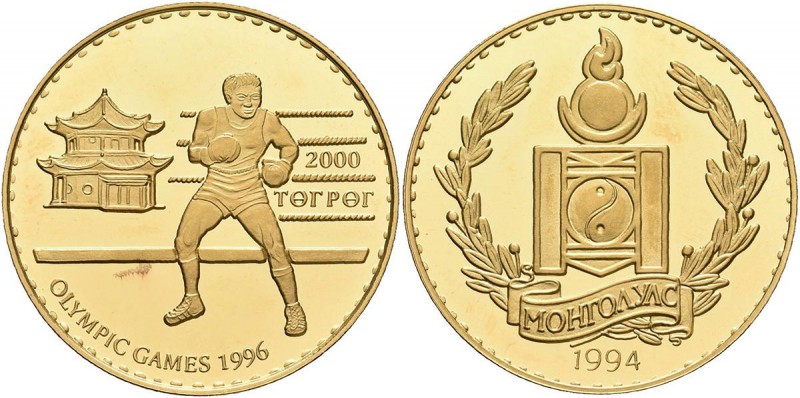 Mongolei: 2000 Tögrög (Tugrik) 1994, Olympische Spiele Atlanta 1996, Boxer. KM# ...