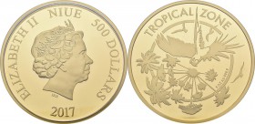 Niue: Elizabeth II. 1953-,: 500 Dollars 2017 ”Tropical Zone”. 5 OZ = 155,5 g pures Gold 999/1000. In hochwertiger Holzbox mit Beleuchtung, mit Zertifi...