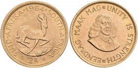 Südafrika: 2 Rand 1964, KM# 64, Friedberg 11. Büste von Jan van Riebeeck / Springbock. 7,99 g, 917/1000 Gold, vorzüglich.
 [plus 0 % VAT]
