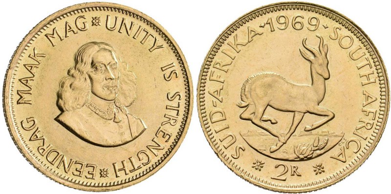 Südafrika: 2 Rand 1969, Gold 917/1000, 7,99 g, Friedberg 11, KM# 64, vorzüglich....