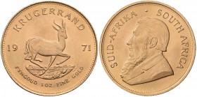 Südafrika: Krügerrand 1971, 1 Unze (31,1 g), KM# 73, Friedberg B1. 33,93 g, 917/1000 Gold, feine Kratzer im Feld, vorzüglich.
 [plus 0 % VAT]