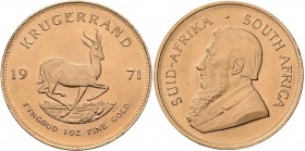 Südafrika: Krügerrand 1971, 1 Unze (31,1 g), KM# 73, Friedberg B1. 33,93 g, 917/1000 Gold, vorzüglich.
 [plus 0 % VAT]