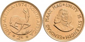 Südafrika: 2 Rand 1974, KM# 64, Friedberg 11. Büste von Jan van Riebeeck / Springbock. 7,99 g, 917/1000 Gold, vorzüglich.
 [plus 0 % VAT]