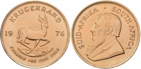 Südafrika: Krügerrand 1976, 1 Unze (31,1 g), KM# 73, Friedberg B1. 33,93 g, 917/1000 Gold, winzige Fehler im Feld, vorzüglich.
 [plus 0 % VAT]