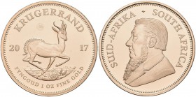 Südafrika: Krügerrand 2017 pp - 1 OZ Feingold (33,930 g 917/1000 Gold). Limitierte Ausgabe 5.000 Stück mit der Nummer 614. Mit Privy Mark 50 Jahre Krü...
