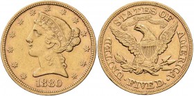 Vereinigte Staaten von Amerika: 5 Dollars 1880 (Half Eagle - Liberty Head coronet), KM# 101, Friedberg 143. 8,34 g, 900/1000 Gold. Randfehler, Kratzer...