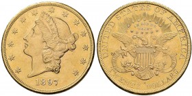 Vereinigte Staaten von Amerika: 20 Dollars 1897 S, San Francisco, Liberty Head, 33,44 g, Gold 900/1000, kl. Kratzer, vorzüglich.
 [plus 0 % VAT]
