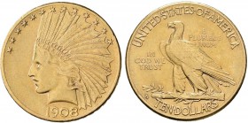 Vereinigte Staaten von Amerika: 10 Dollars 1908 D, Denver, Indian Head, 16,72 g, Gold 900/1000, kl. Kratzer, vorzüglich.
 [plus 0 % VAT]