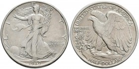 Vereinigte Staaten von Amerika: Half Dollar (½ Dollar) 1919 S Walking Liberty. KM# 142, winziger Randfehler, selten!, sehr schön.
 [taxed under margi...