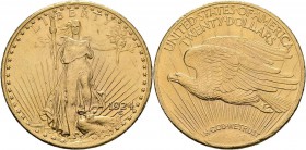 Vereinigte Staaten von Amerika: 20 Dollars 1924, Philadelphia, 33,44 g, Gold 900/1000, Kratzer, min. Randfehler, sonst vorzüglich.
 [plus 0 % VAT]