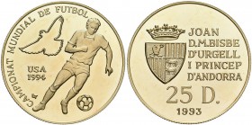 Andorra: 25 Diners 1993, Fußball WM 1994 in den USA, Fußballspieler und Friedenstaube. KM# 92, Friedberg 20. 7,62 g, 583/1000 Gold. Auflage 5.000 Stüc...