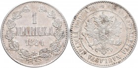 Finnland: unter russischer Besatzung, Alexander II. von Russland 1855-1881: 1 Markkaa 1864, K.M. 3.1, Bitkin 624 (R1), vorzüglich-Stempelglanz.
 [tax...
