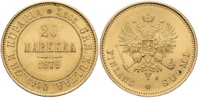 Finnland: unter russischer Herrschaft, Alexander II. 1855-1881: 20 Markkaa 1879 S, Gold 900, 6,45 g, Friedberg 1, vorzüglich.
 [plus 0 % VAT]