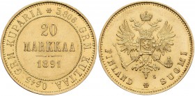 Finnland: unter russischer Herrschaft, Alexander III. 1881-1894: 20 Markkaa 1891 L, Gold 900, 6,45 g, Friedberg 2, vorzüglich.
 [plus 0 % VAT]