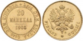 Finnland: unter russischer Herrschaft, Nikolaus II. 1894-1917: 20 Markkaa 1903 L, Gold 900, 6,45 g, Friedberg 3, winz. Kratzer, vorzüglich.
 [plus 0 ...