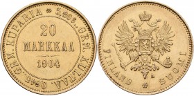 Finnland: unter russischer Herrschaft, Nikolaus II. 1894-1917: 20 Markkaa 1904 L, Gold 900, 6,45 g, Friedberg 3, kl. Kratzer, vorzüglich.
 [plus 0 % ...