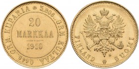 Finnland: unter russischer Herrschaft, Nikolaus II. 1894-1917: 20 Markkaa 1910 L, Gold 900, 6,45 g, Friedberg 3, kl. Kratzer, vorzüglich.
 [plus 0 % ...