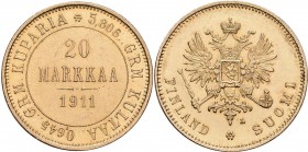 Finnland: unter russischer Herrschaft, Nikolaus II. 1894-1917: 20 Markkaa 1911 L, Gold 900, 6,45 g, Friedberg 3, kl. Kratzer, vorzüglich.
 [plus 0 % ...