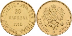Finnland: unter russischer Herrschaft, Nikolaus II. 1894-1917: 20 Markkaa 1912 S, Gold 900, 6,45 g, Friedberg 3, winz. Kratzer, vorzüglich.
 [plus 0 ...