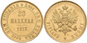 Finnland: unter russischer Herrschaft, Nikolaus II. 1894-1917: 20 Markkaa 1913 S, Gold 900, 6,45 g, Friedberg 3, vorzüglich.
 [plus 0 % VAT]