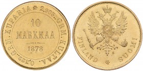 Finnland: unter russischer Herrschaft, Alexander II. 1855-1881: 10 Markkaa 1878 S, Gold 900, 3,22 g, Friedberg 4, winz. Kratzer, vorzüglich.
 [plus 0...
